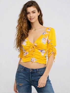 Free People Love To Love Floral Blouse Ruched Tie Front Size L